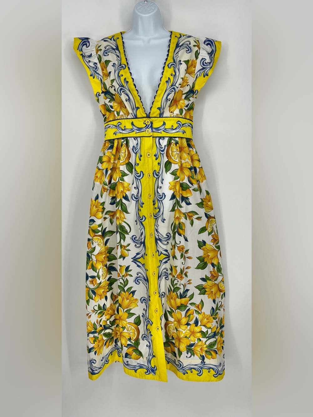 Farm Rio Yellow Mediterranean Sicily Scarf Lemon Tile Dress Medium